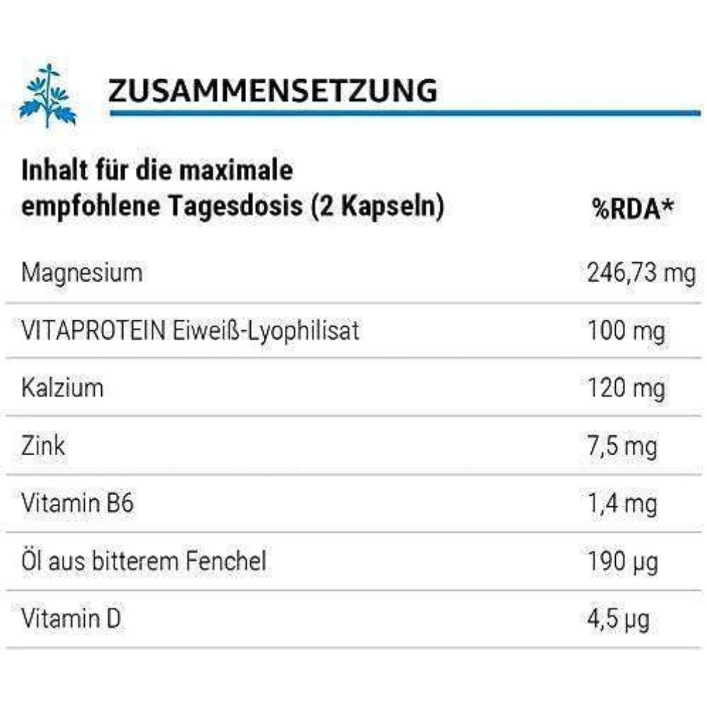 Zusammensetzungstabelle. Magnesium, VITA PROTEIN Eiweiß-Lyophilisat, Kalzium, Zink, Vitamin B6, Öl aus bitterem Fenchel, Vitamin D.