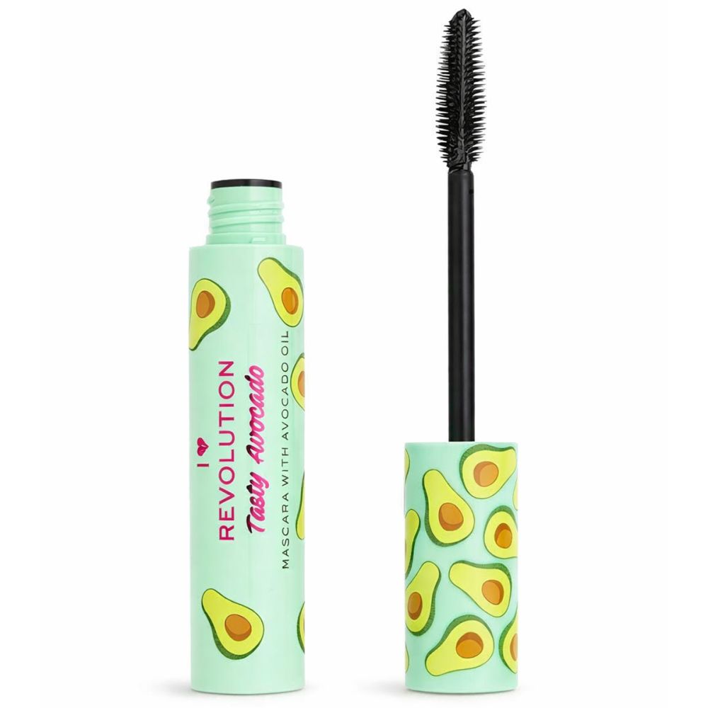 Grüne Mascarabürste und -flasche mit Avocado-Muster. Text: Tasty Avocado, Mascara with Avocado Oil. Schwarze Bürste.