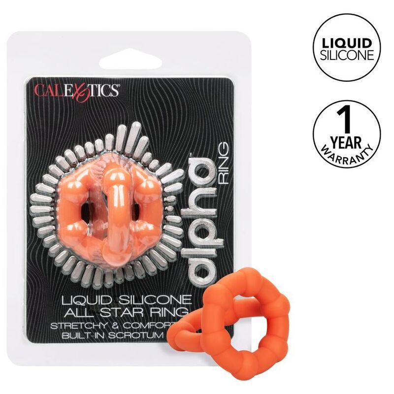 Verpackung mit orangefarbenem Ring. Text: Alpha Ring, Liquid Silicone, All Star Ring. 1 Jahr Garantie.