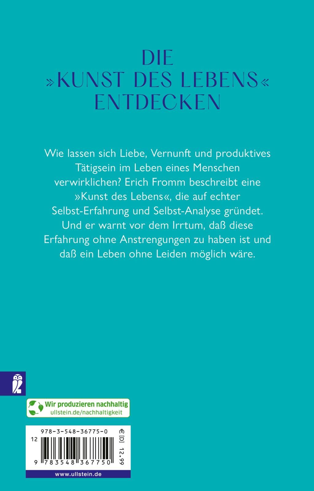 Rückseite des Buches "Vom Haben zum Sein". Text, ISBN, Preis und Logo. Blauer Hintergrund.