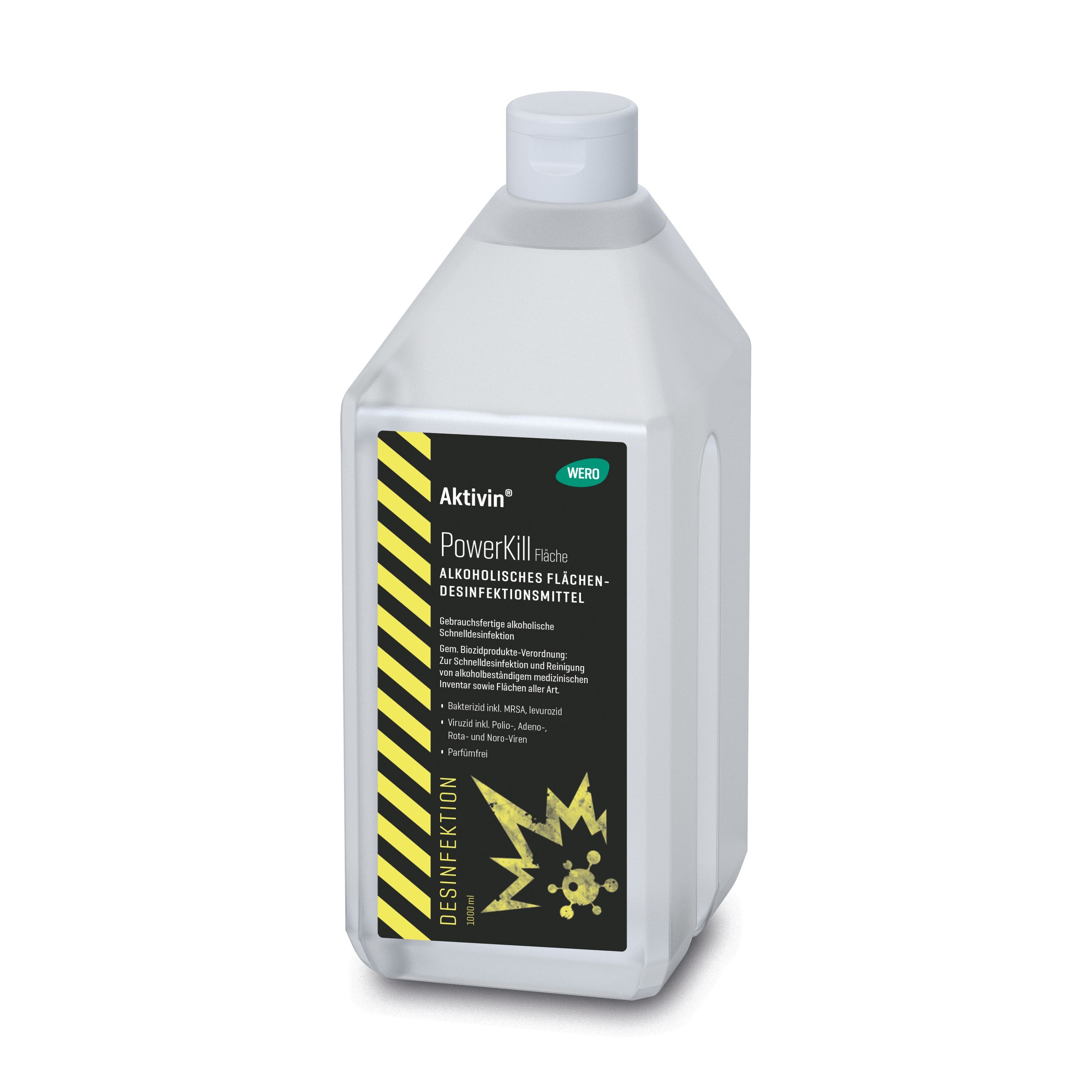 Flasche mit Etikett. Aufschrift: Aktivin PowerKill Fläche Desinfektion. Gelb-schwarze Streifen. Weißer Deckel.