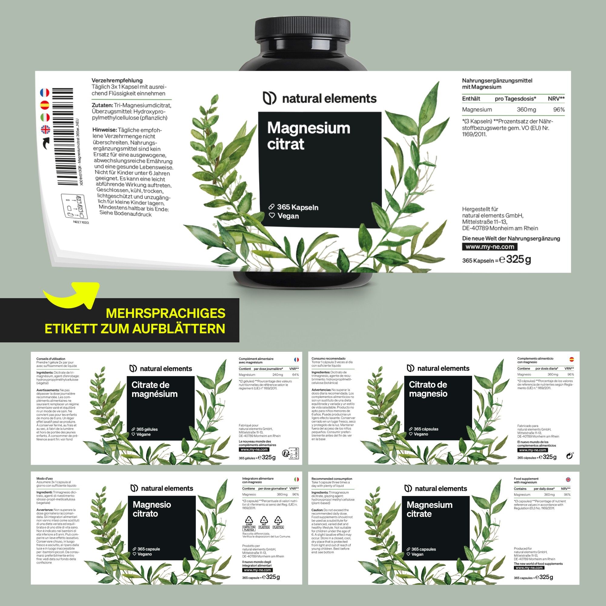natural elements Premium Magnesiumcitrat – 365 Kapseln – 2320mg davon 360mg Magnesium/Tagesdosis