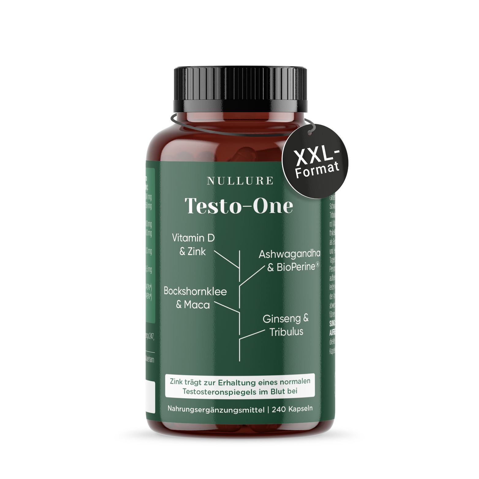 Braune Flasche mit schwarzem Deckel. Text: Testo-One, Vitamin D & Zink, Bockshornklee & Maca, Ashwagandha & BioPerine, Ginseng & Tribulus.