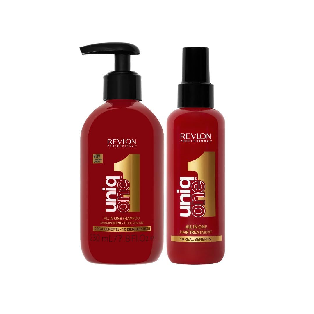 Zwei rote Flaschen. Aufschrift: Revlon Professional UniqOne. All in One Shampoo und Hair Treatment. Schwarze Deckel.