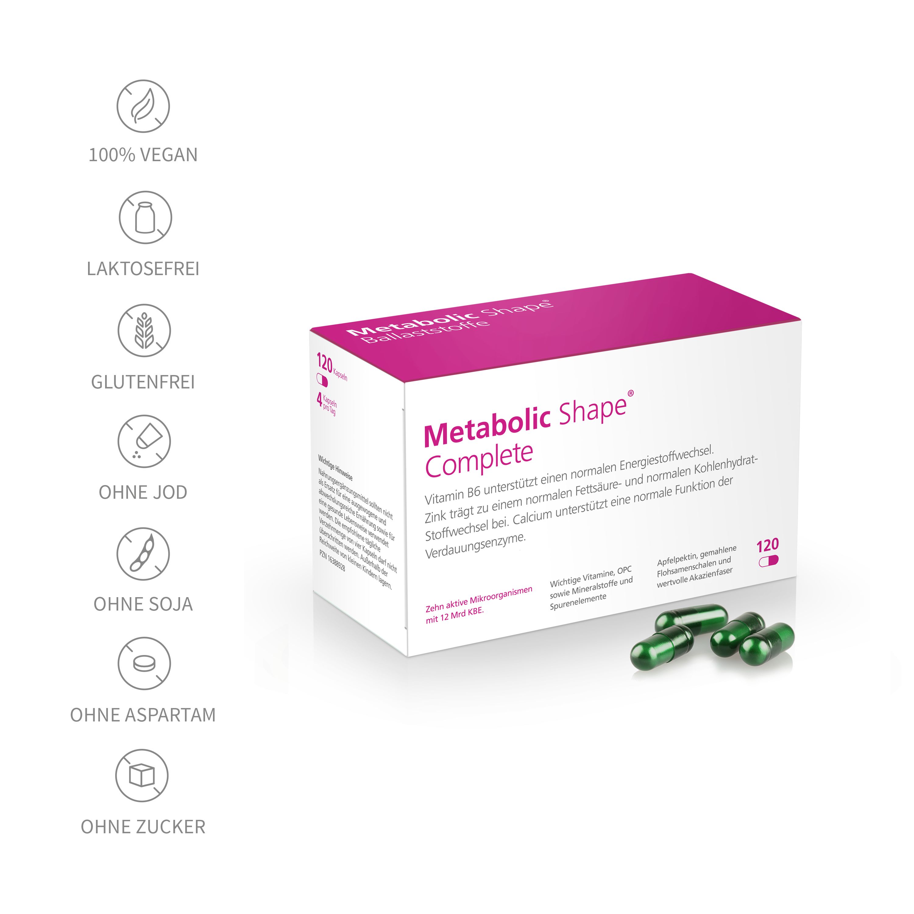 Metabolic Shape® Complete Packung. 120 Kapseln. Vegan, laktose-, gluten-, jod-, soja-, aspartam- und zuckerfrei.