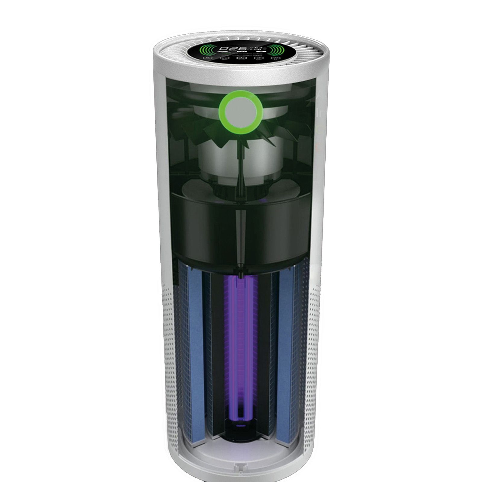 Schnitt durch Luftreiniger. Innenleben sichtbar: Filter, Ventilator, UV-Lampe. Deus-Logo.