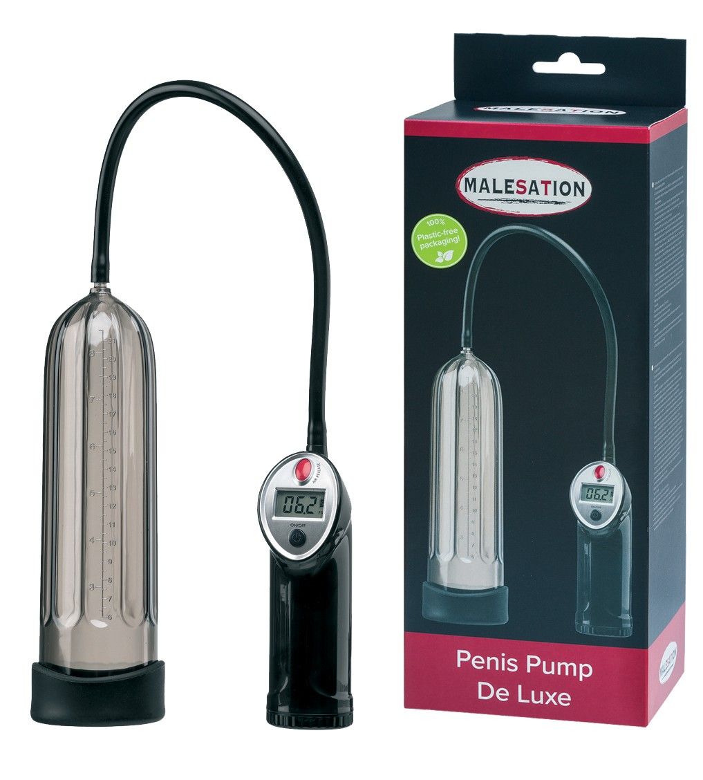 MALESATION Penis Pump De Luxe mit digitaler Anzeige und schwarzem Schlauch.