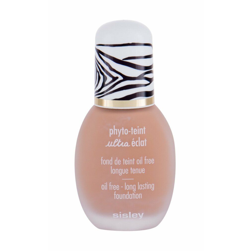 Sisley Phyto-Teint Ultra Eclat. Flasche mit Zebra-Muster-Deckel. Text: Oil free - long lasting foundation.