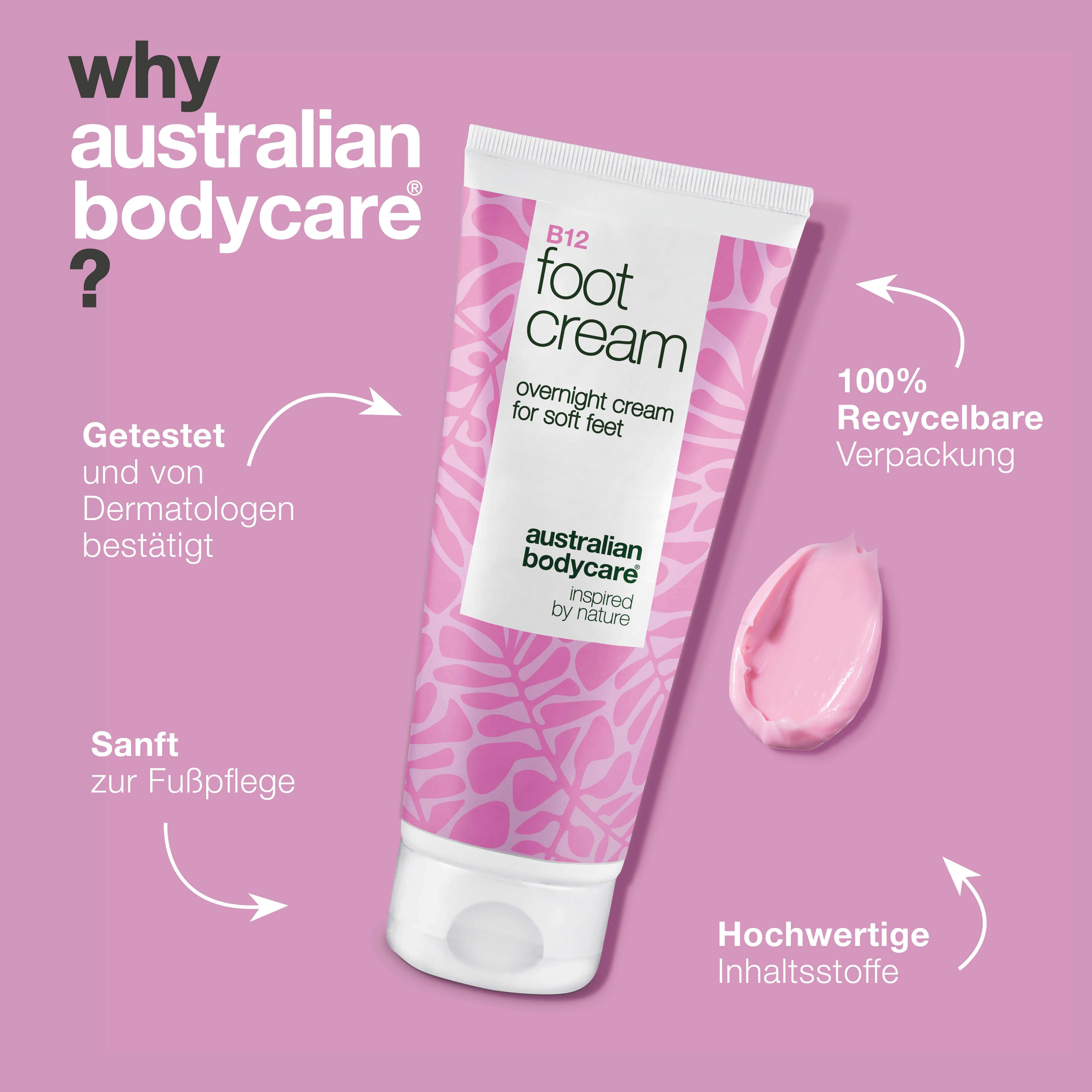 Tube B12 Foot Cream. Text: Australian Bodycare, overnight cream for soft feet. Pfeile. Text: 100% recyclebare Verpackung.