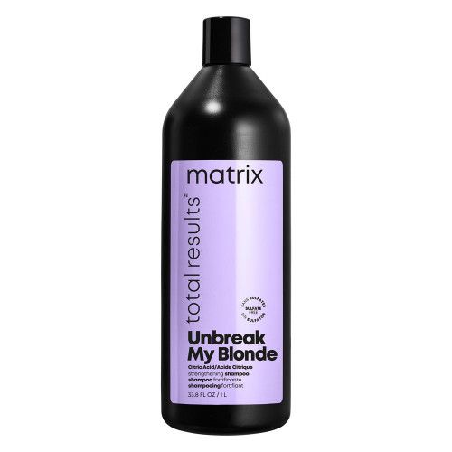 Schwarze Shampoo-Flasche mit lila Etikett. Aufschrift: Matrix Total Results Unbreak My Blonde. Stärkendes Shampoo.