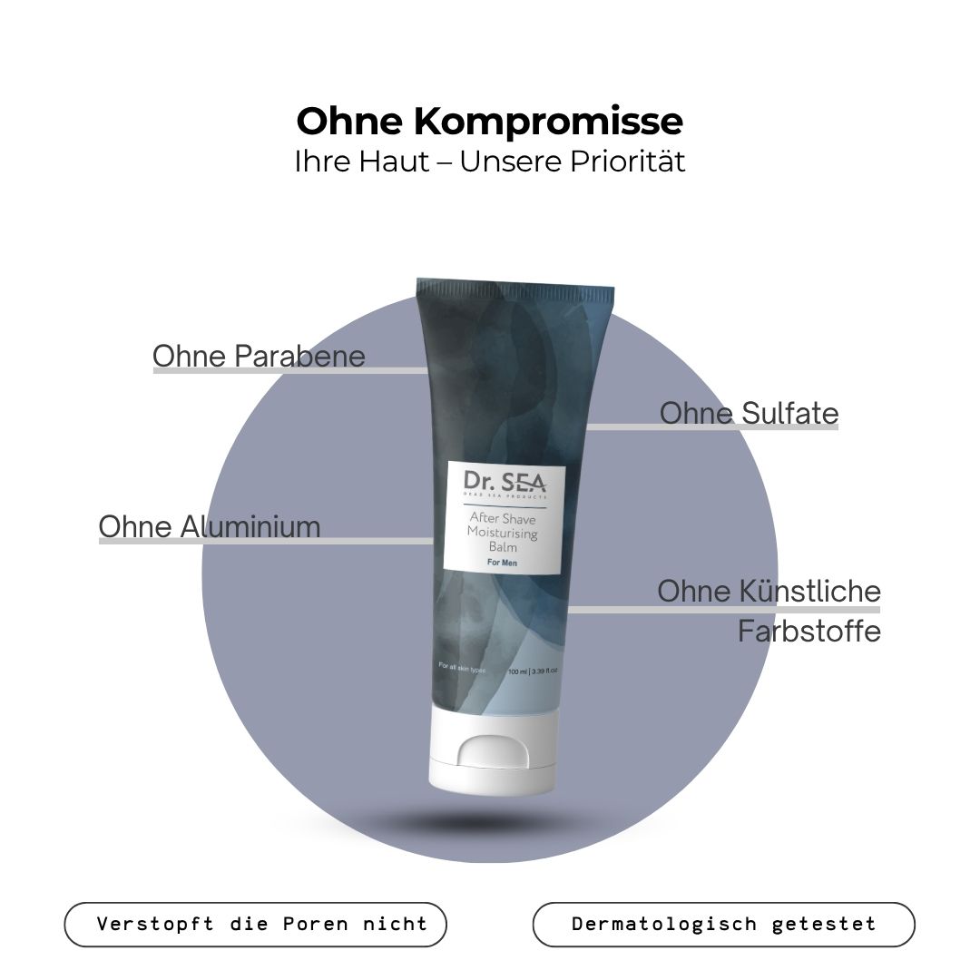 Blaue Tube After Shave Balsam. Text: Ohne Parabene, Sulfate, Aluminium, künstliche Farbstoffe. Dermatologisch getestet.