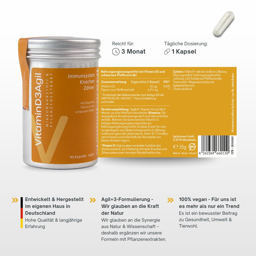 Dose VitaminD3Agil, Etikett mit Inhaltsangaben. Eine Kapsel daneben. Text: Entwickelt & hergestellt in Deutschland. 100% vegan.