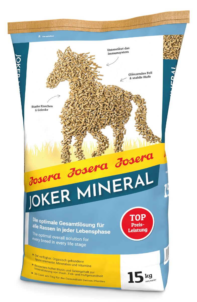 Beutel mit JOSERA Joker-Mineral. Abbildung eines Pferdes aus Futterpellets. Text: Joker Mineral, 15 kg, Top Preis-Leistung.