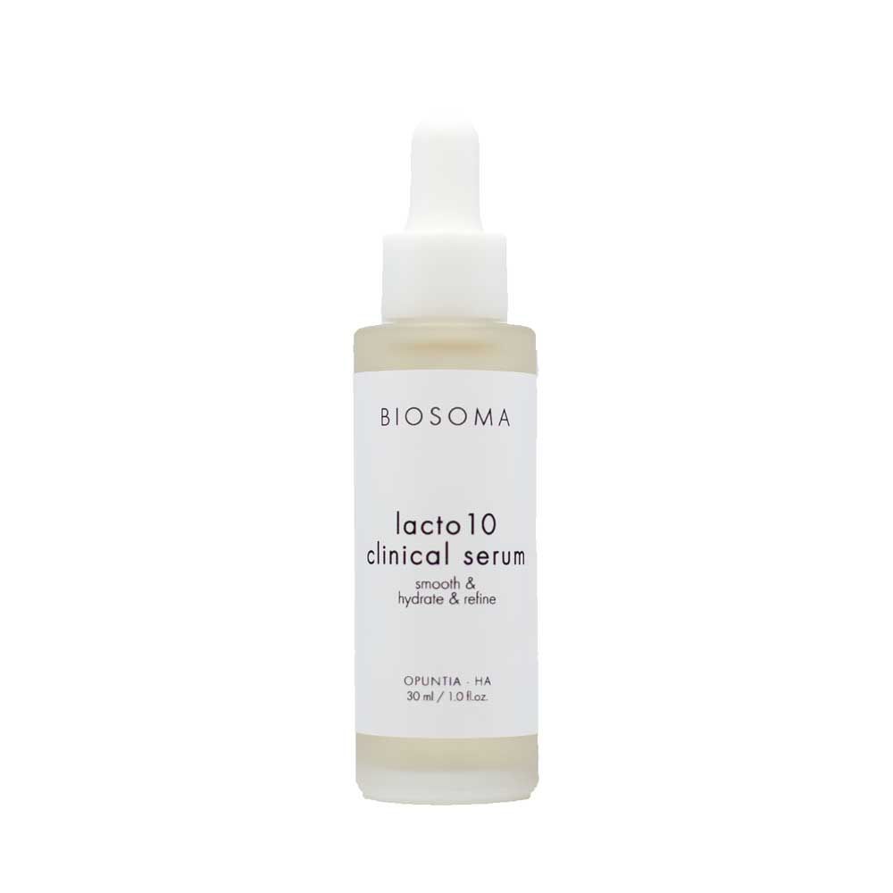 Serumflasche mit Pipette. Aufschrift: BIOSOMA, lacto 10 clinical serum, smooth & hydrate & refine. Volumen: 30 ml.