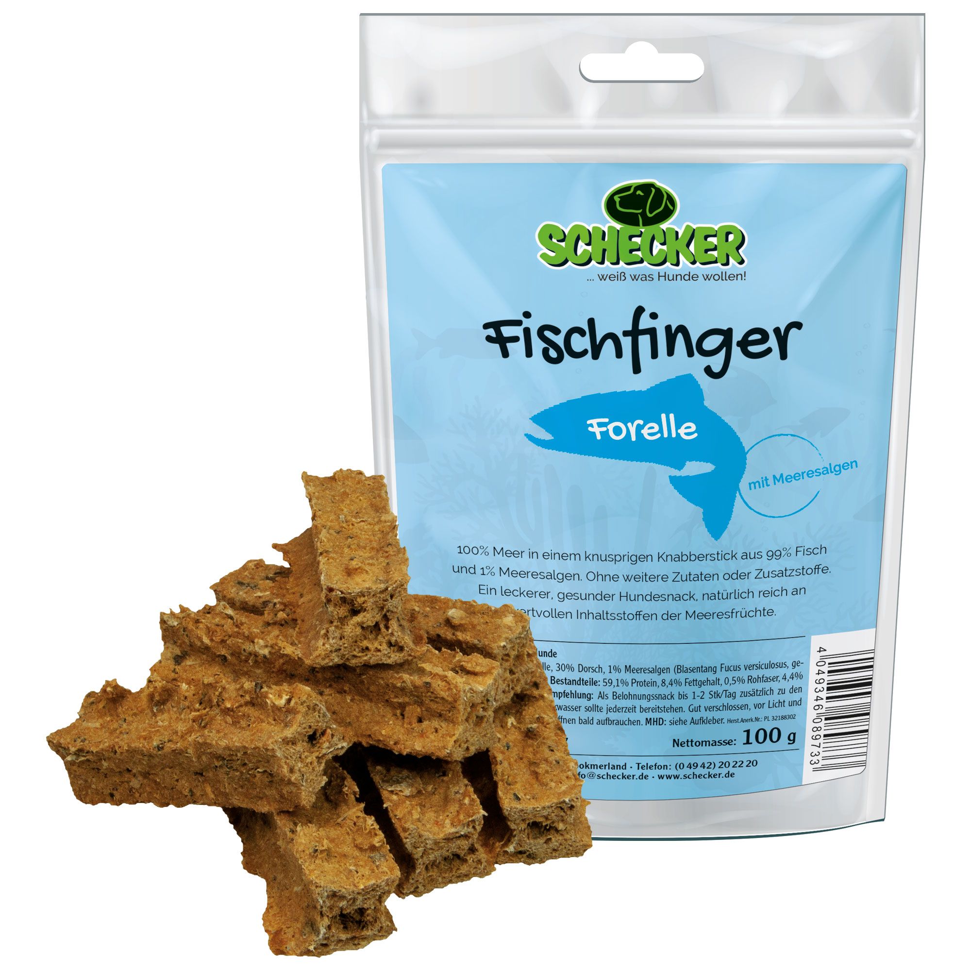 Schecker Hundesnack - Fischfinger mit 99 % Fisch - Forelle