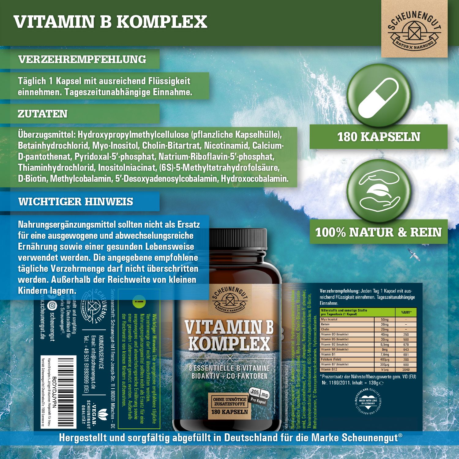 Vitamin B Komplex Flasche mit 180 Kapseln. Aufschrift: Vitamin B Komplex, 100% Natur & Rein. Zutatenliste.