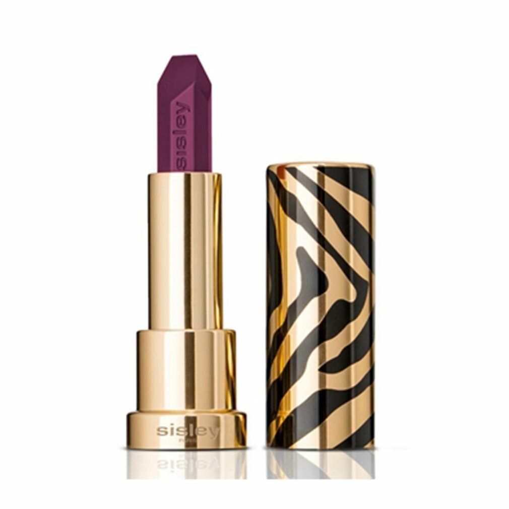 Lippenstift mit goldfarbenem Gehäuse und Zebrastreifen-Muster. Der Lippenstift ist geöffnet und zeigt eine violette Spitze mit Sisley-Logo.
