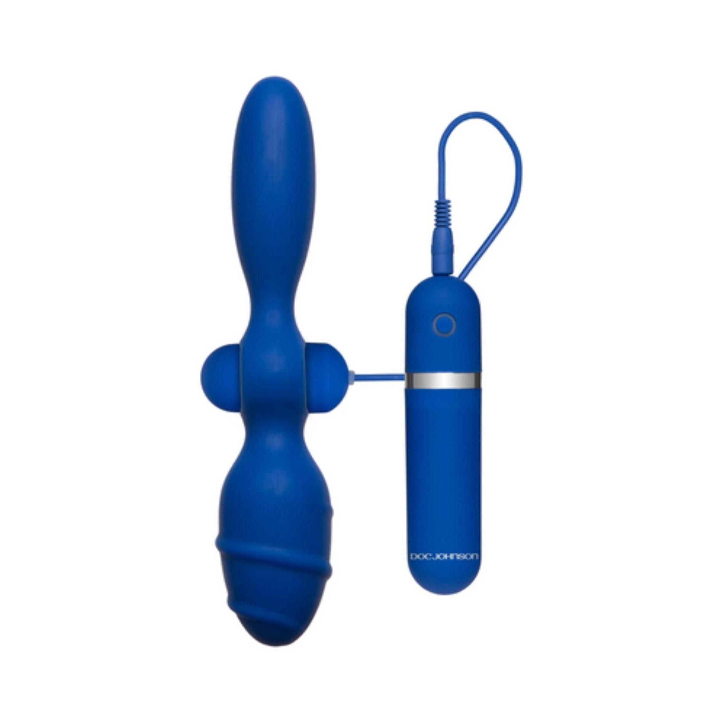Blaues Doppel-Tool. Zwei-seitiges Vibrationsprodukt. Mit Zubehör. Marke: Doc Johnson. Produkt mit abgerundeten Enden und geriffelter Oberfläche.
