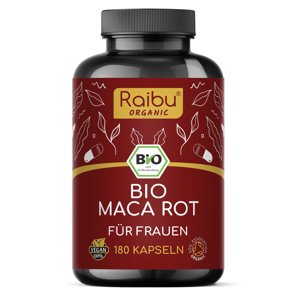Braune Flasche mit roten Kapseln. Aufschrift: BIO MACA ROT FÜR FRAUEN. 180 Kapseln. Vegan-Siegel.