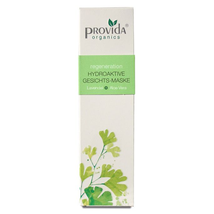 Verpackung von Provida Hydroaktive Gesichtsmaske. Weiß mit grünem Band und Blättermotiv. Text: Regeneration, Lavendel + Aloe Vera.