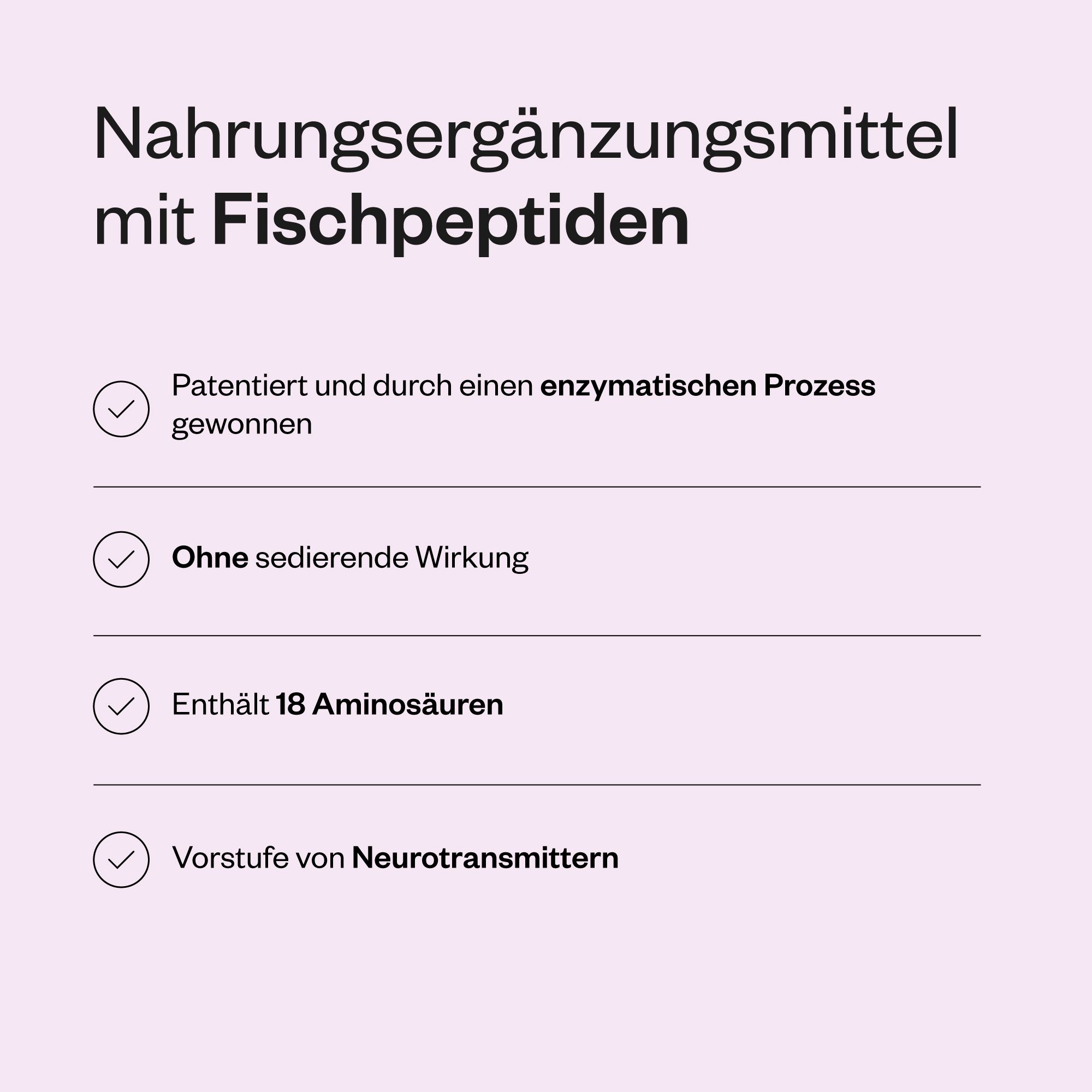 Text mit Aufzählungspunkten: Patentiert, ohne sedierende Wirkung, enthält 18 Aminosäuren, Vorstufe von Neurotransmittern.