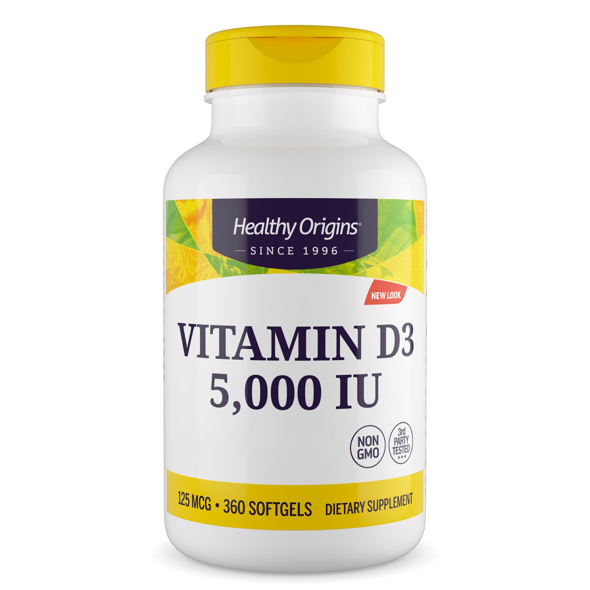 Weiße Flasche mit gelbem Deckel. Aufschrift: Vitamin D3, 5.000 IU, Healthy Origins. Enthält 360 Softgels. Non-GMO.