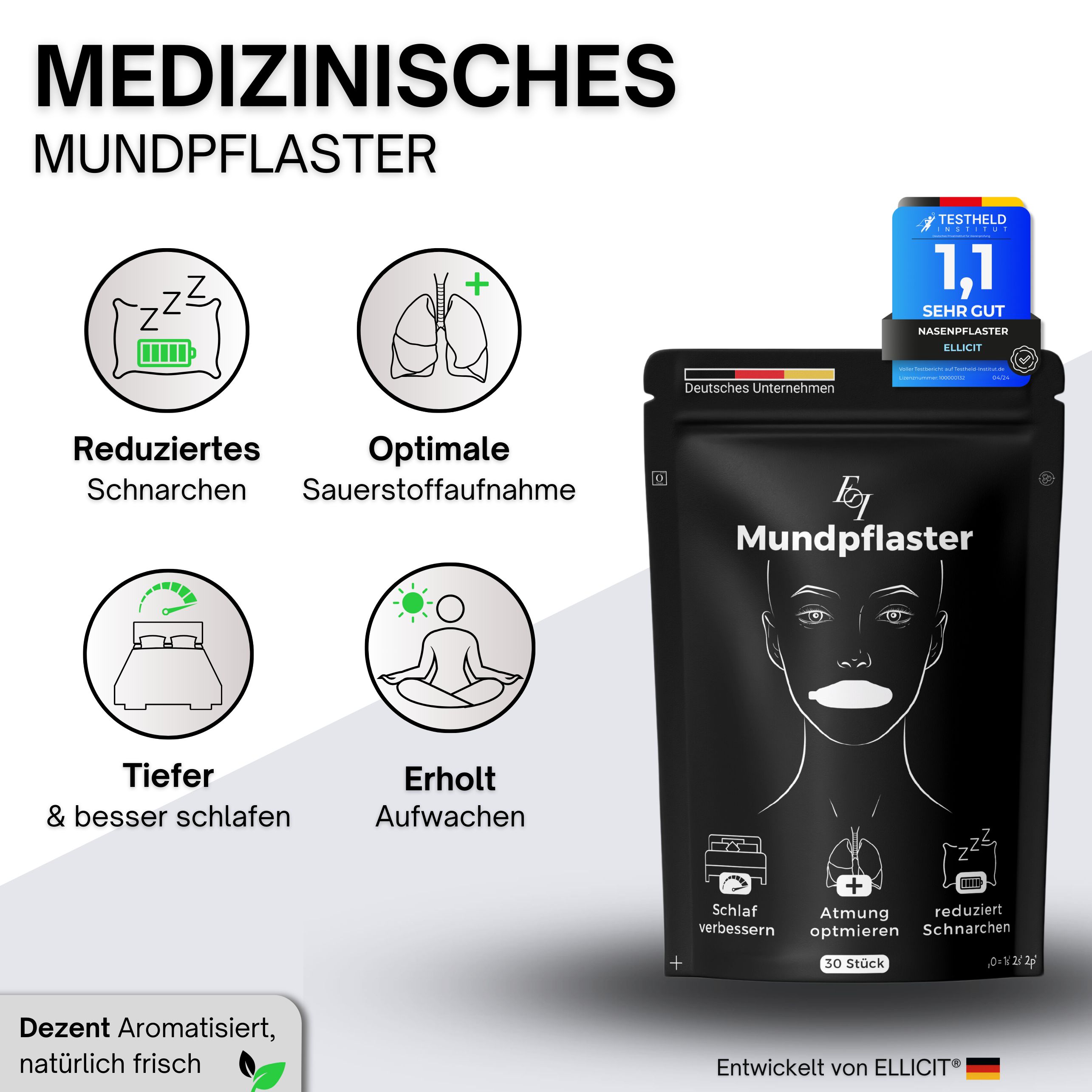 Schwarze Verpackung mit Text: MEDIZINISCHES MUNDPFLASTER. Testurteil 1,1. Icons: Schlaf, Sauerstoffaufnahme, Schlaf, Erwachen.