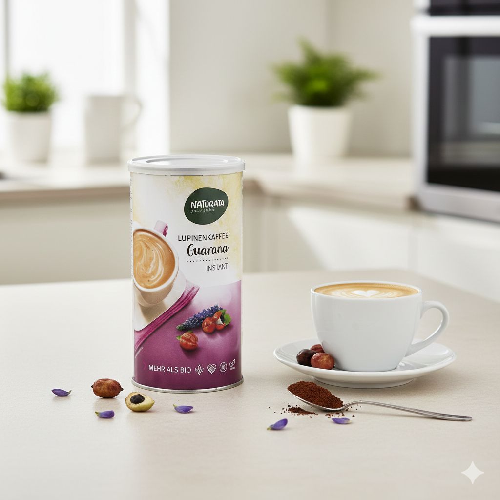 Naturata Lupinenkaffee mit Guarana Instant in einer Dose, daneben eine Tasse Kaffee und Löffel mit Pulver.