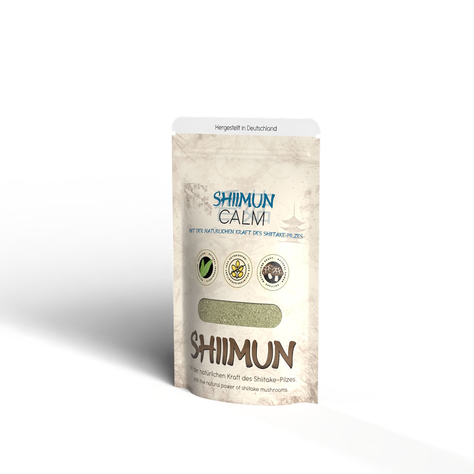 Beutel mit Shiimun Calm Pulver. Aufschrift: Shiimun Calm, mit natürlicher Kraft des Shiitake-Pilzes. Siegel mit Logo.