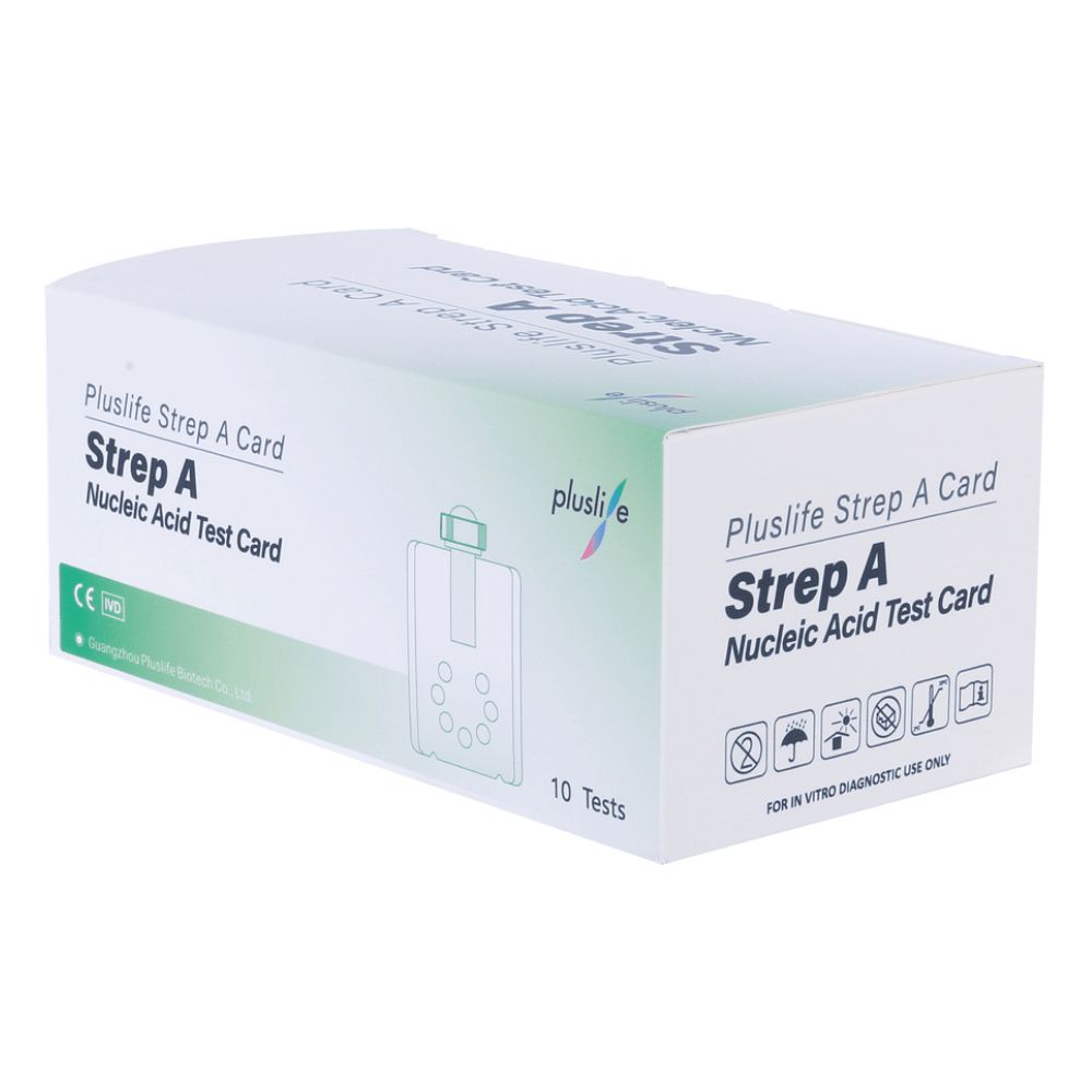 Weiße Schachtel mit Produktinformationen. Aufschrift: Pluslife Strep A Card, Nucleic Acid Test Card. 10 Tests.