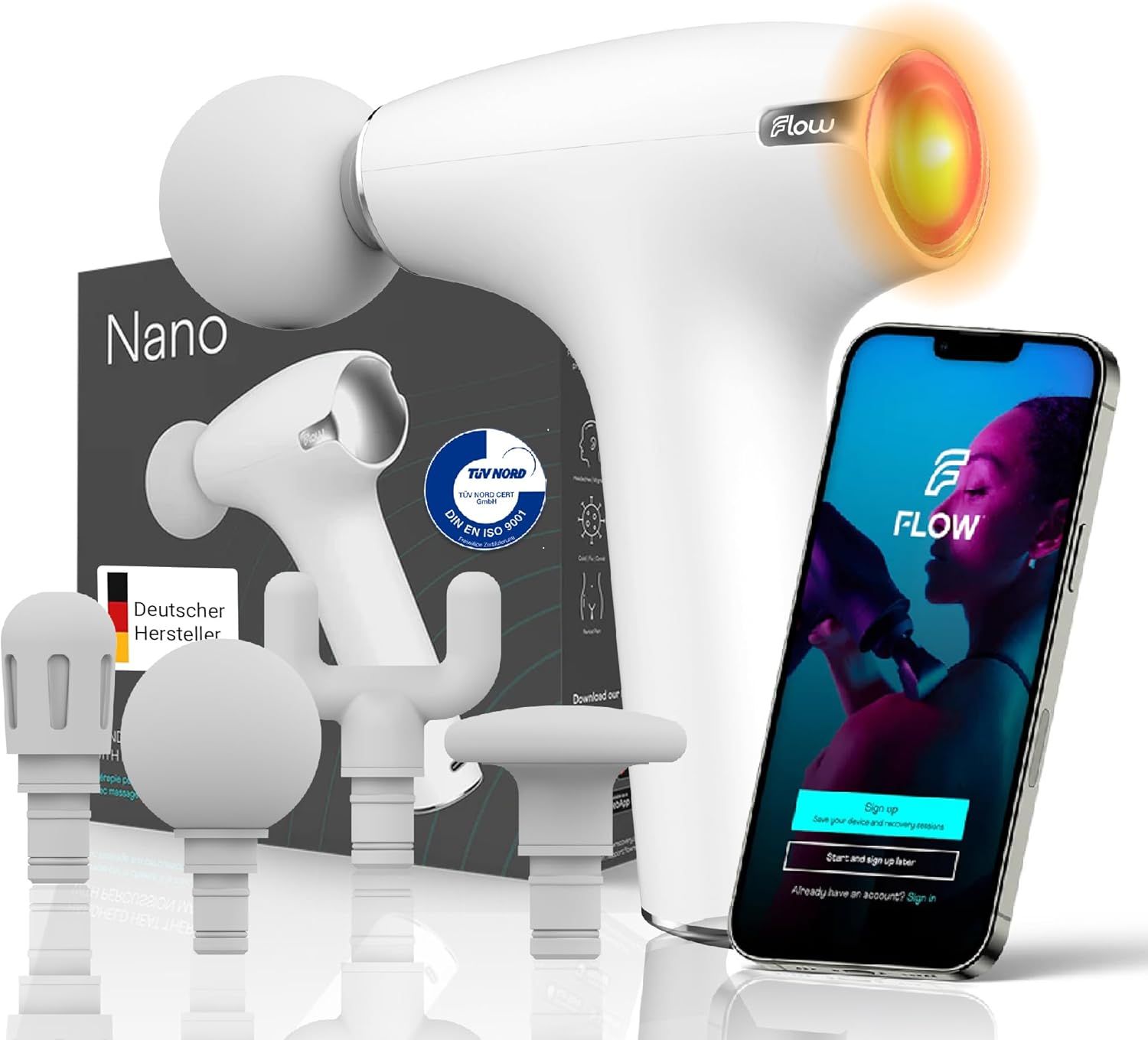 Flow® NANO Mini Massagepistole - Kleines Muskel Massagegerät mit Massage & Wärme. Weiß