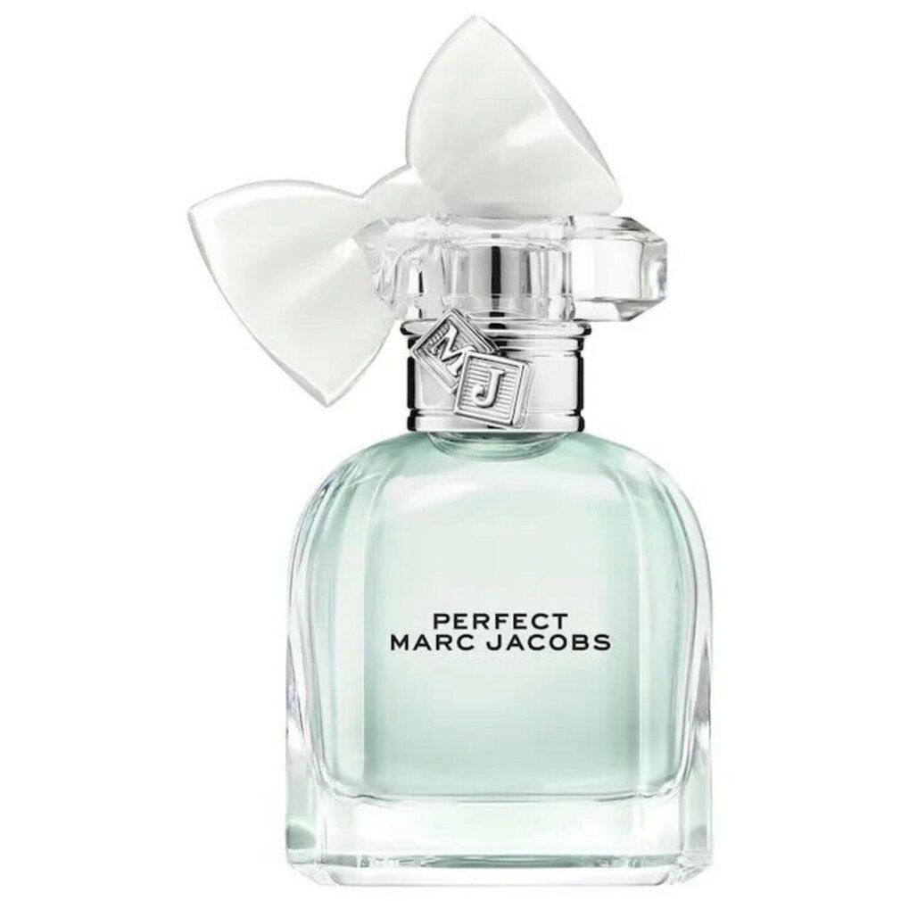 Marc Jacobs Perfect Eau de Toilette Spray Flakon mit Schleifenverschluss und MJ-Logo.