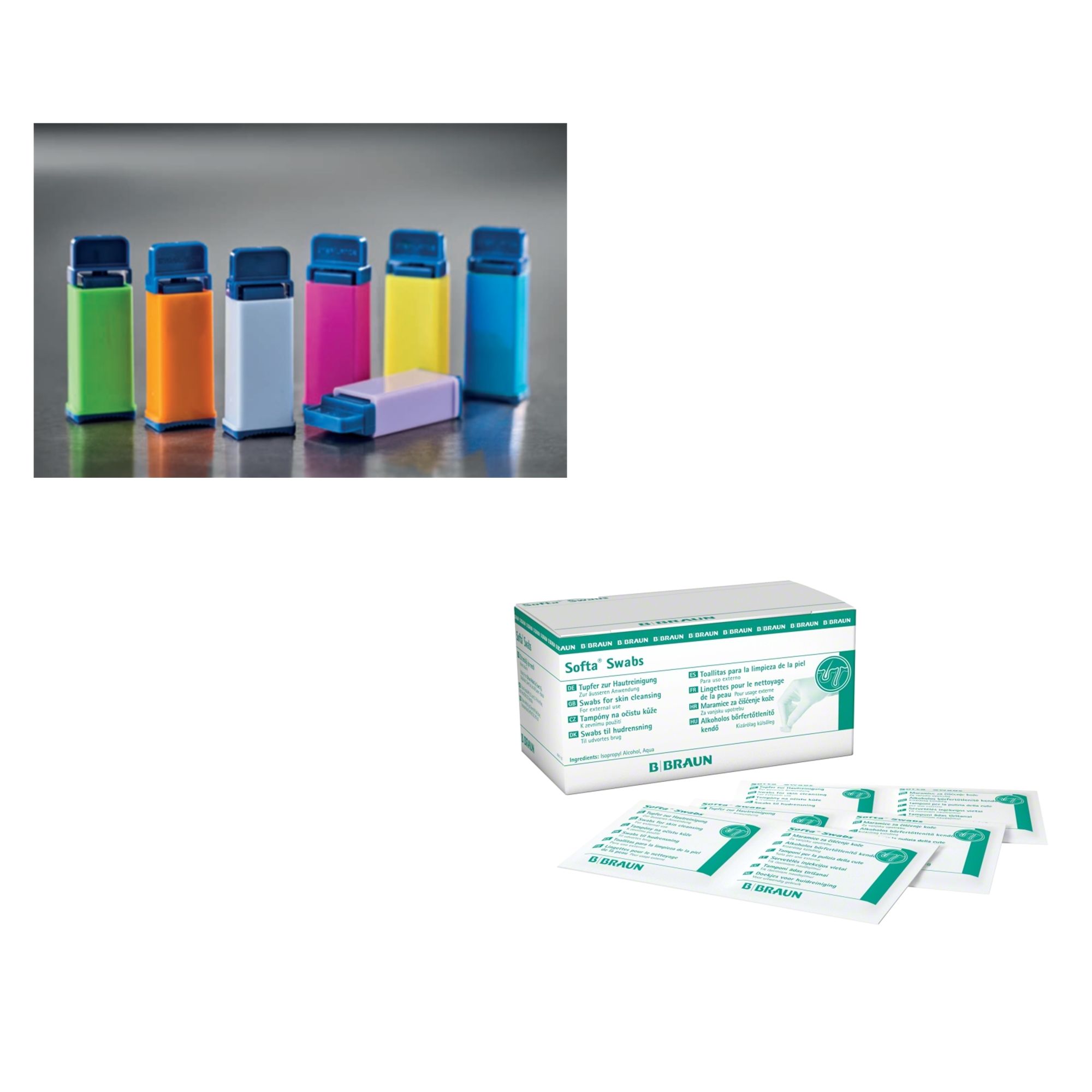 Mehrfarbige Lanzetten in verschiedenen Farben. Eine Packung mit Alkoholtupfern und einzeln verpackte Alkoholtupfer mit der Aufschrift "B. Braun".