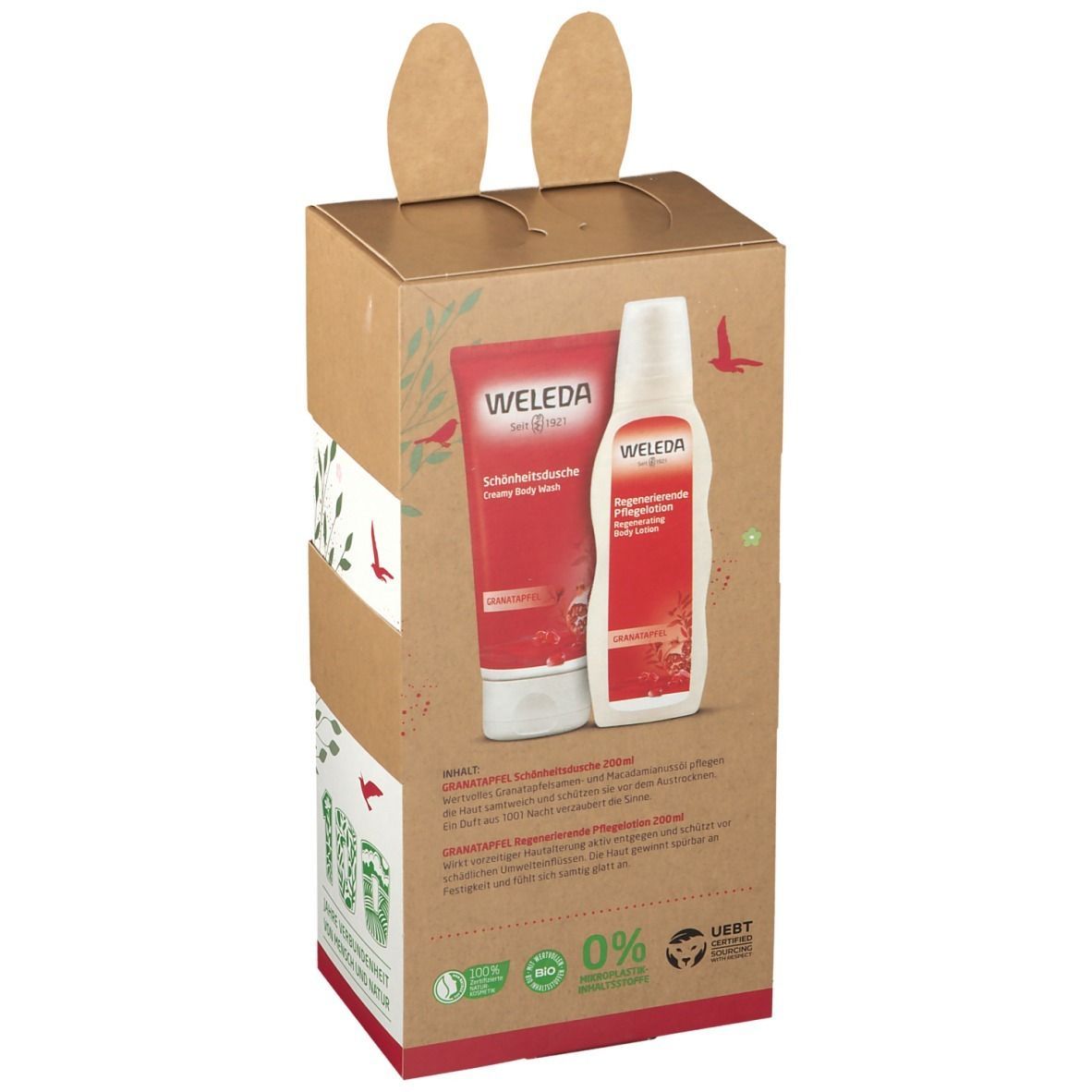 Kartonverpackung mit Hasenmotiv. Enthält WELEDA-Produkte. Zwei Produkte sichtbar. Aufschrift: Schöne Grüße, Granatapfel.