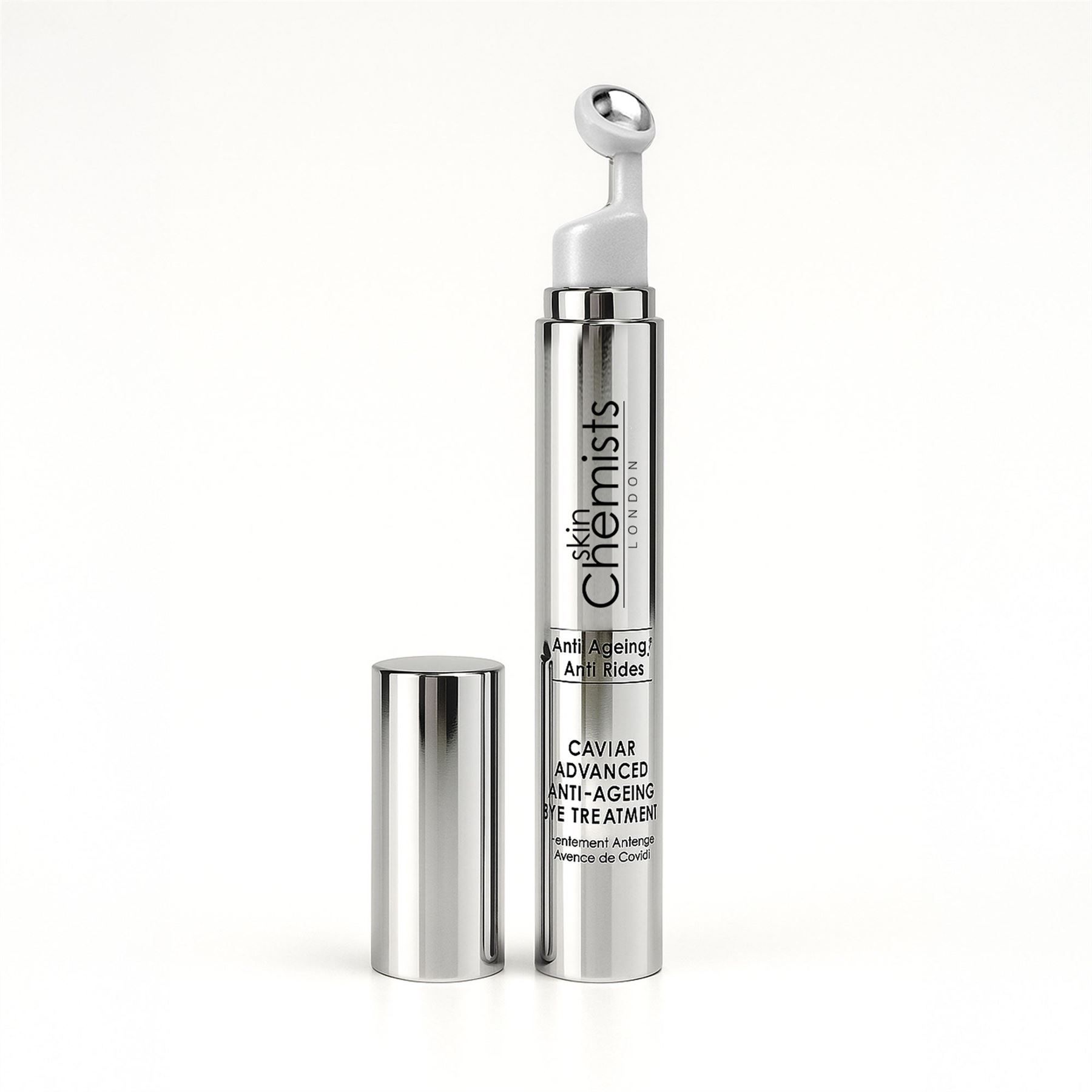 SkinChemists Augenpflege-Serum mit Applikator und abgenommener Kappe.