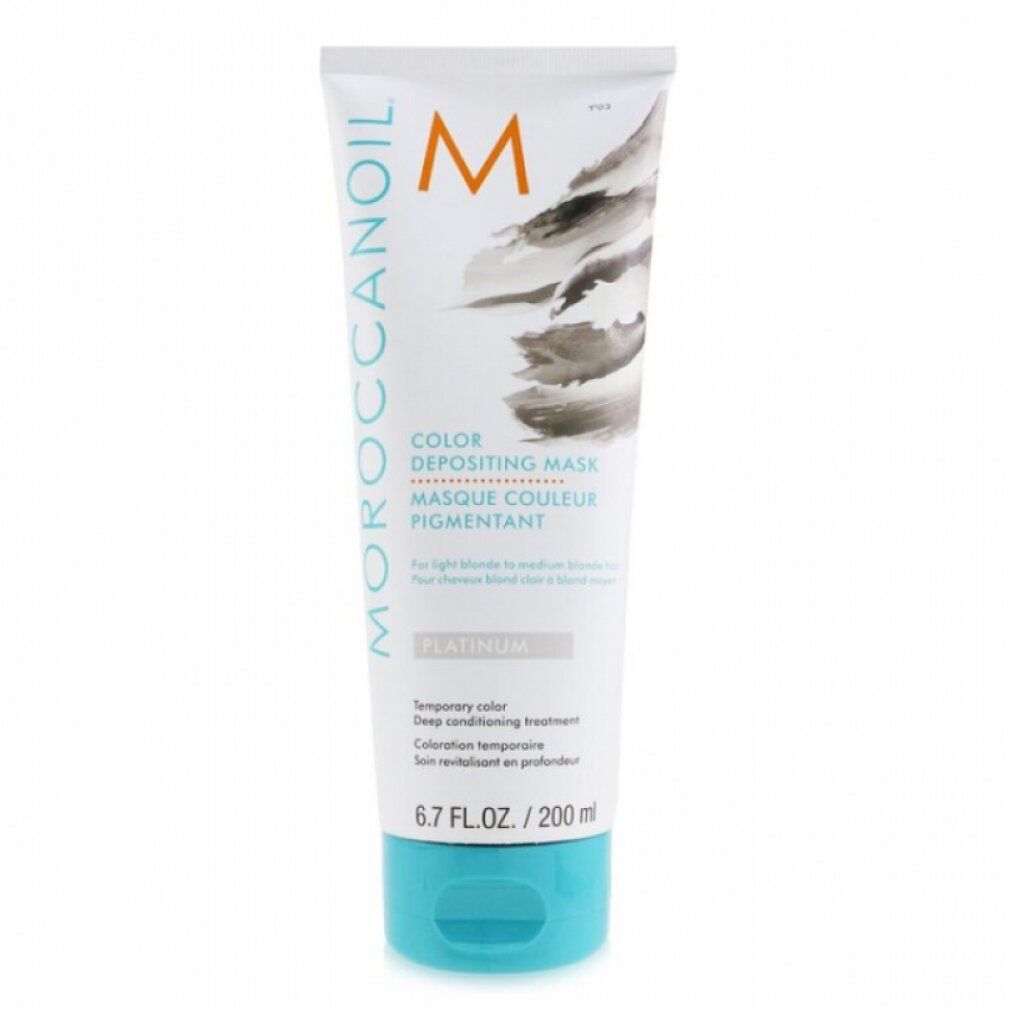 Weisse Tube mit türkisfarbenem Deckel. Aufschrift: Moroccanoil, Color Depositing Mask, Platinum. 6.7 FL.OZ./200 ml.
