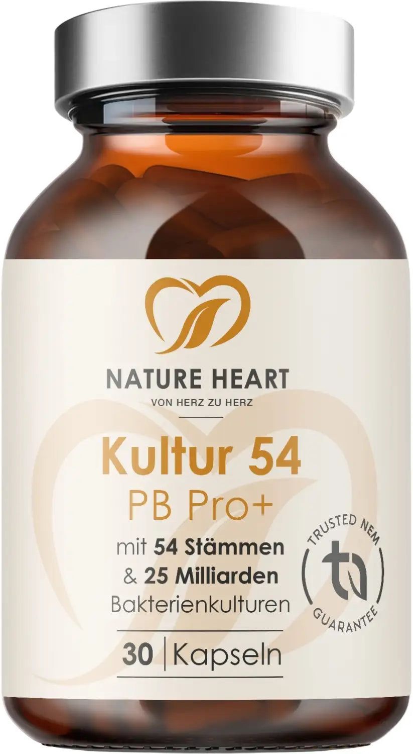 Braune Glasflasche mit Kapseln. Aufschrift: Kultur 54 PB Pro+, 30 Kapseln, 54 Stämme & 25 Milliarden Bakterienkulturen. TÜV-Zertifizierung.