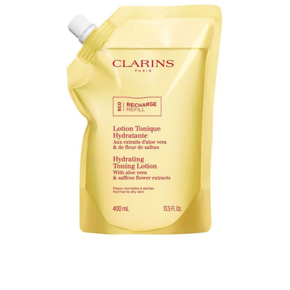 Nachfüllpackung für Gesichtswasser. Gelbe Verpackung mit weißem Verschluss. Text: Clarins, Lotion Tonique Hydratante, 400 ml.