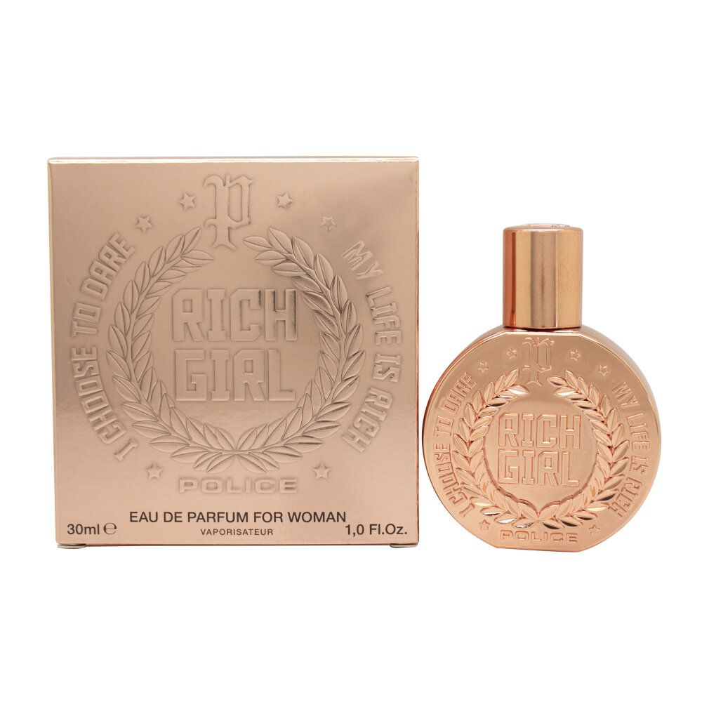 Rosegoldene Parfumverpackung und Flakon mit "Rich Girl" Prägung, "Police" Logo und Lorbeerkranz. 30ml Eau de Parfum.