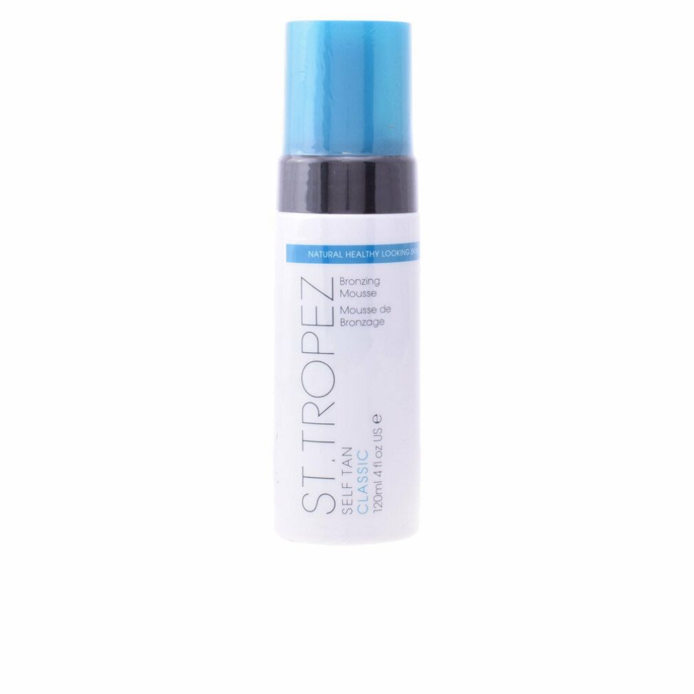 St.Tropez Selbstbräuner-Mousse. Weiße Flasche mit blauem Deckel. Text: Self Tan Classic, Bronzing Mousse.