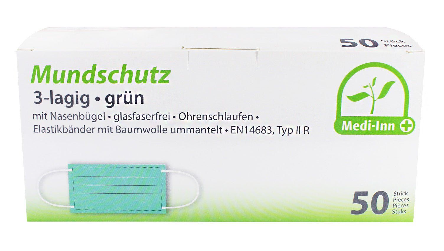 Medi-Inn Mundschutz Atemschutz mit Nasenbügel und Elastikbändern Typ IIR 3-lagig