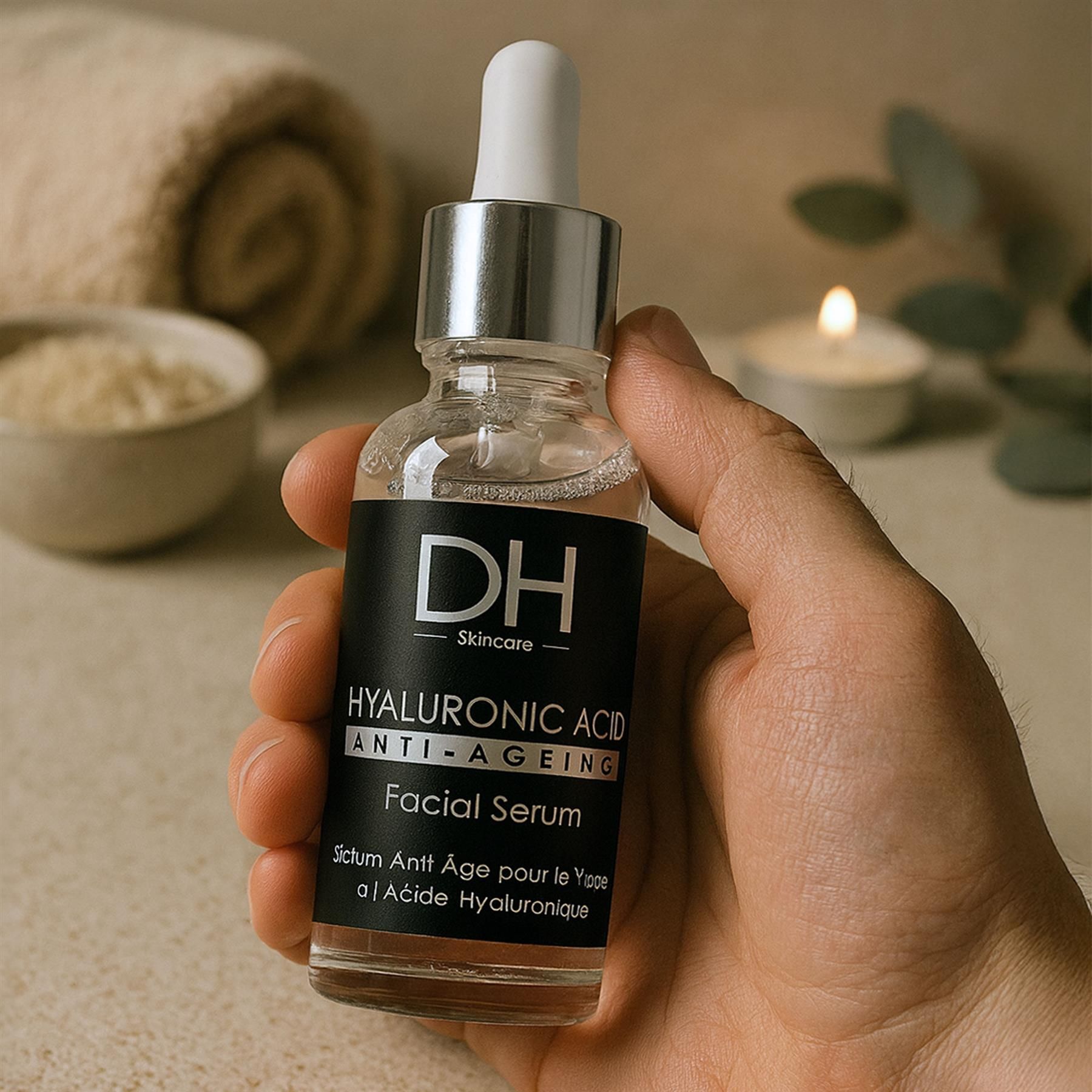 Hand hält Dr H Hyaluronsäure Anti-Aging Gesichtsserum vor einem Hintergrund mit Kerze und Handtuch.