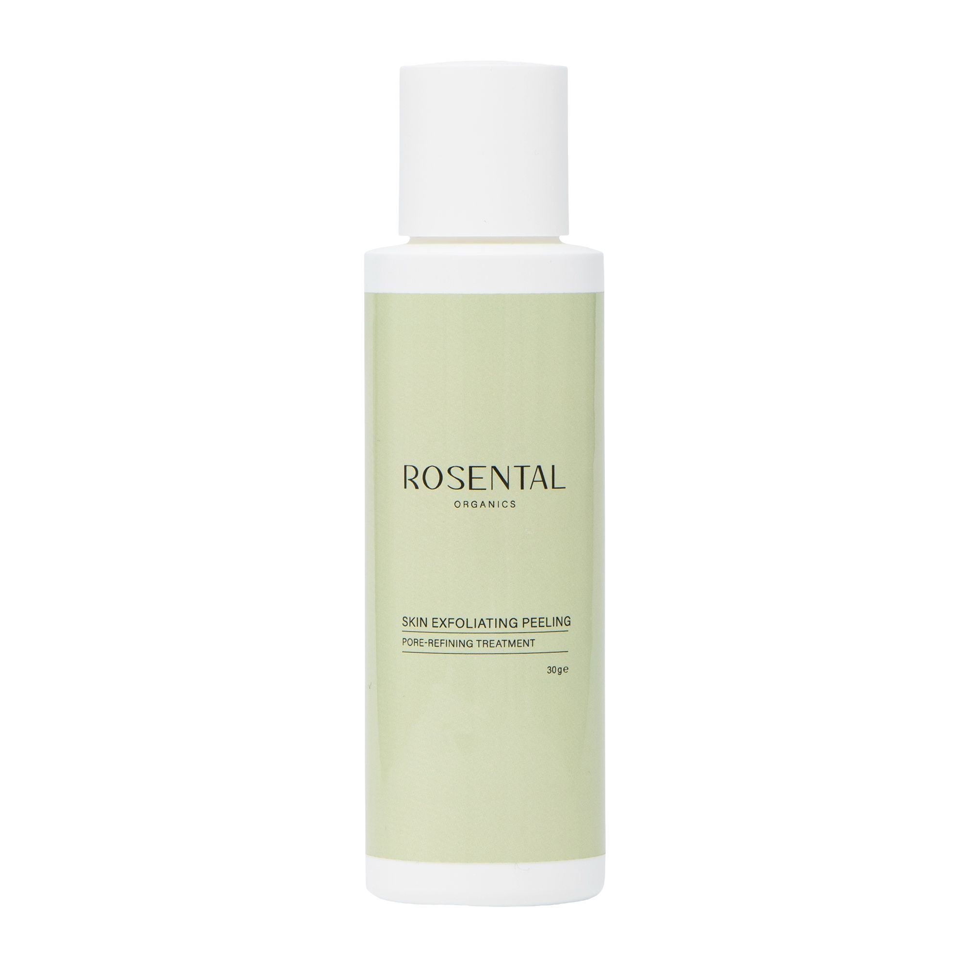 Grüne Flasche mit weißem Deckel. Aufschrift: Rosental Organics, Skin Exfoliating Peeling, Pore-Refining Treatment.