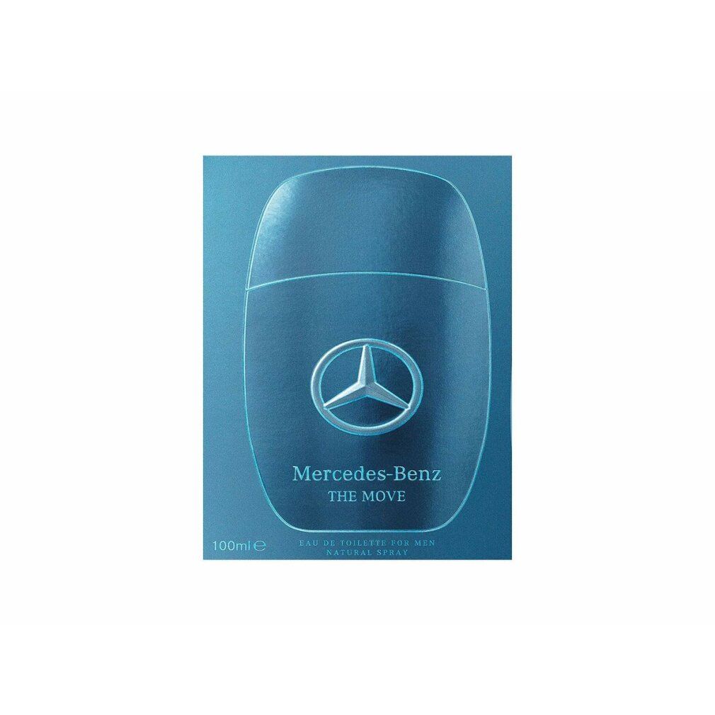 Verpackung von Mercedes-Benz The Move Eau de Toilette Spray. Blau. Logo und Schriftzug. 100ml.