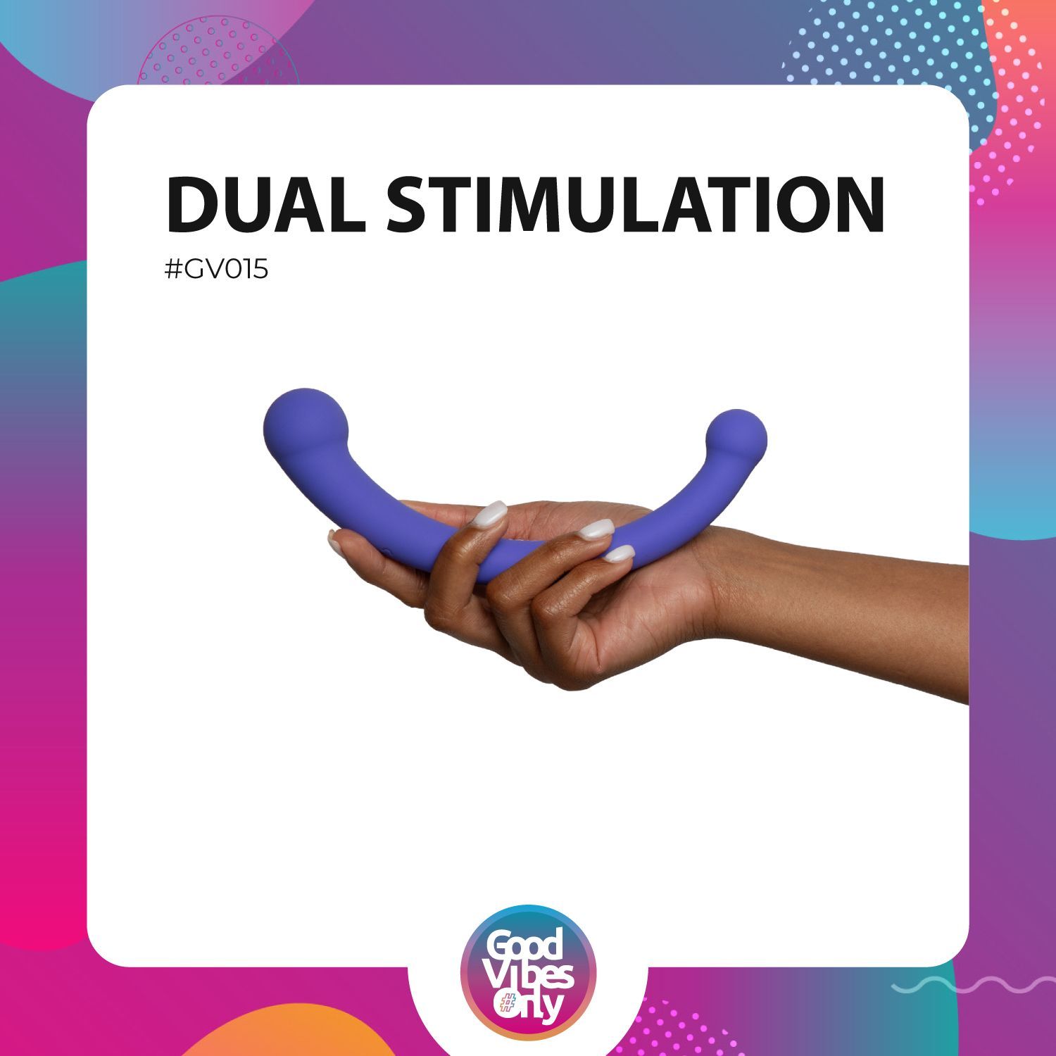Produit tenu en main. Design incurvé violet avec deux boules. Inscription : DUAL STIMULATION.