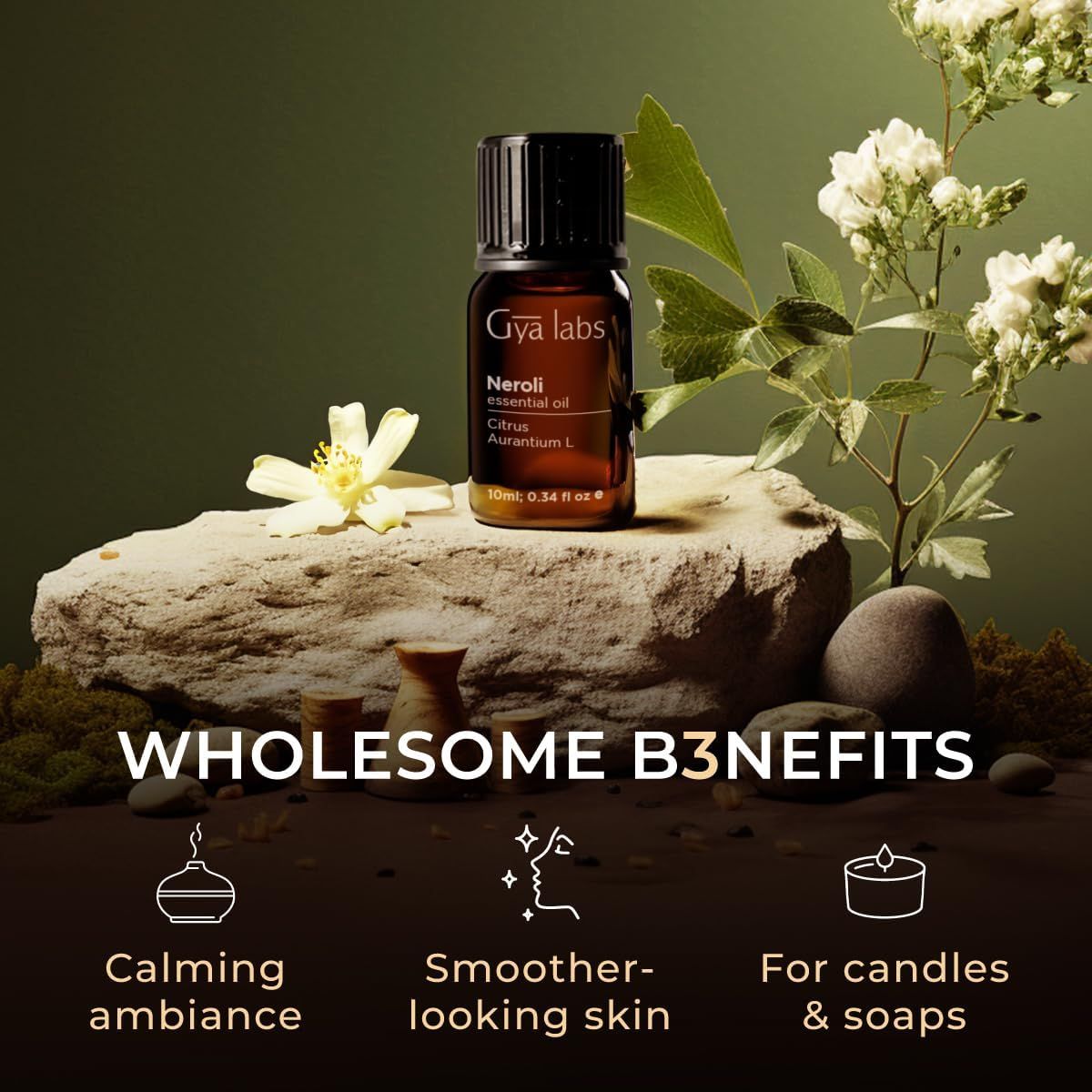 Braune Glasflasche mit Neroli-Öl, Stein, Blumen. Text: Wohltuende Vorteile. Beruhigende Atmosphäre, glattere Haut, für Kerzen & Seifen.