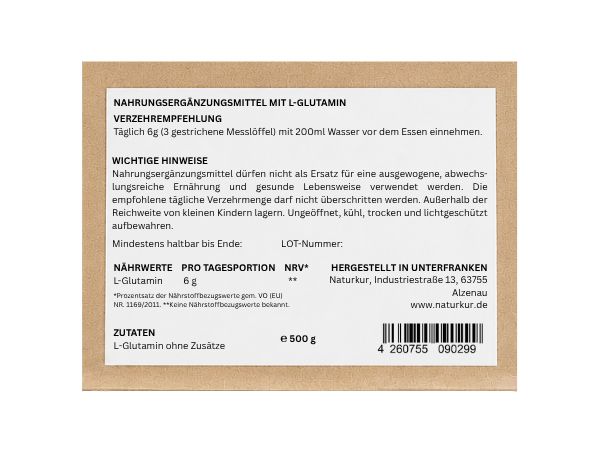 Naturkur L-Glutamin Pulver in brauner Papiertüte mit Etikett, 500g.