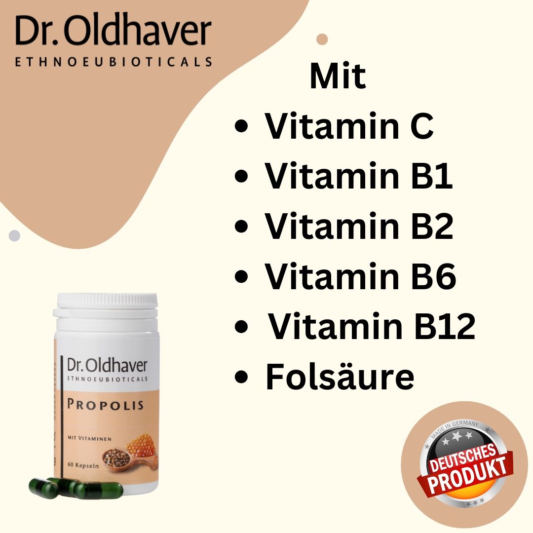 Produktabbildung: Dr. Oldhaver Propolis Kapseln. Aufzählung: Vitamin C, B1, B2, B6, B12, Folsäure. Deutsches Produkt-Siegel.