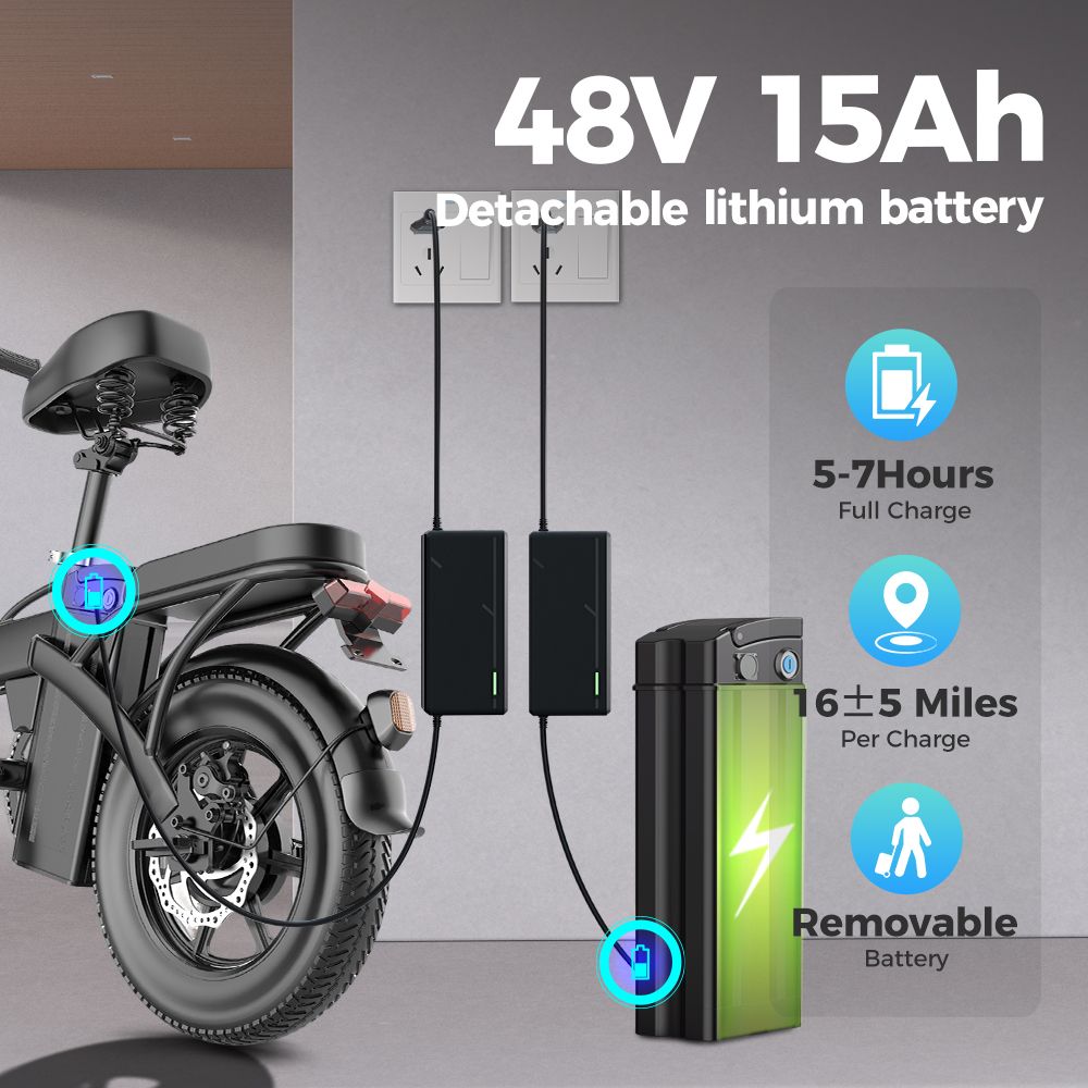 E-Bike mit abnehmbarem Akku. 48V 15AH Batterie, Ladezeit 5-7 Stunden, Reichweite 16±5 Meilen. Schwarzes Gehäuse, Stecker.