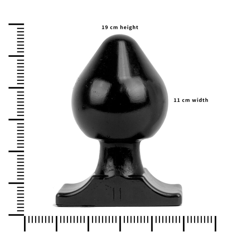 Schwarzer Analplug. 19 cm hoch, 11 cm breit. Form: Tropfenförmiger Kopf, breite Basis.